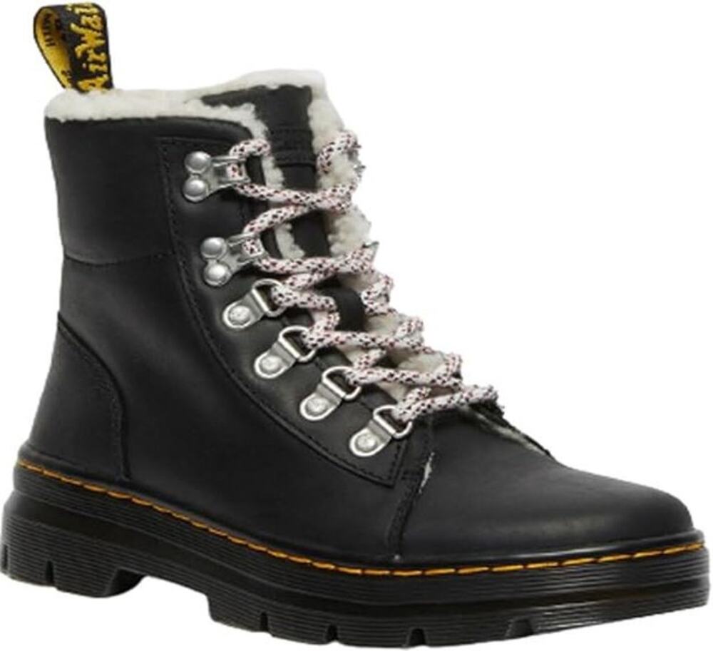 Dr. Martens Womens Black Leather Lace Up Combat Boots AirWair Yellow Stitch US 8